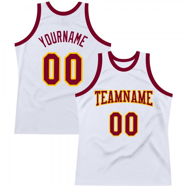 Men's Custom White Maroon-Gold Authentic Throwback Basketball Jersey