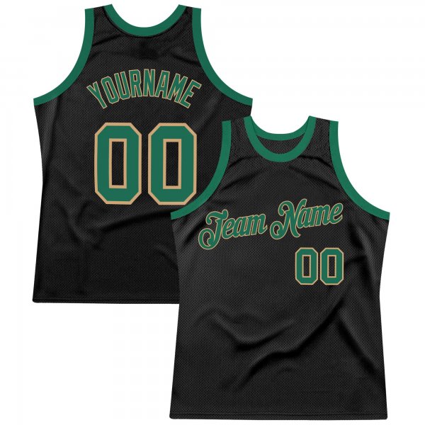 Men's Custom Black Kelly Green-Old Gold Authentic Throwback Basketball Jersey